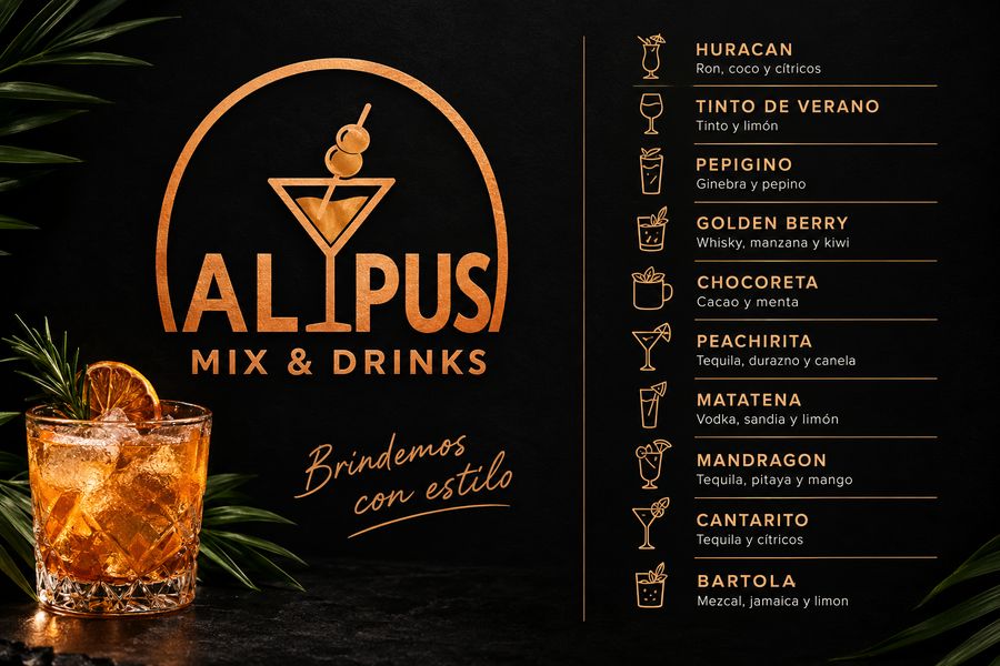 Carta de ALYPUS Mix & Drinks con el logo, la frase «Brindemos con estilo» y la lista de diez cócteles