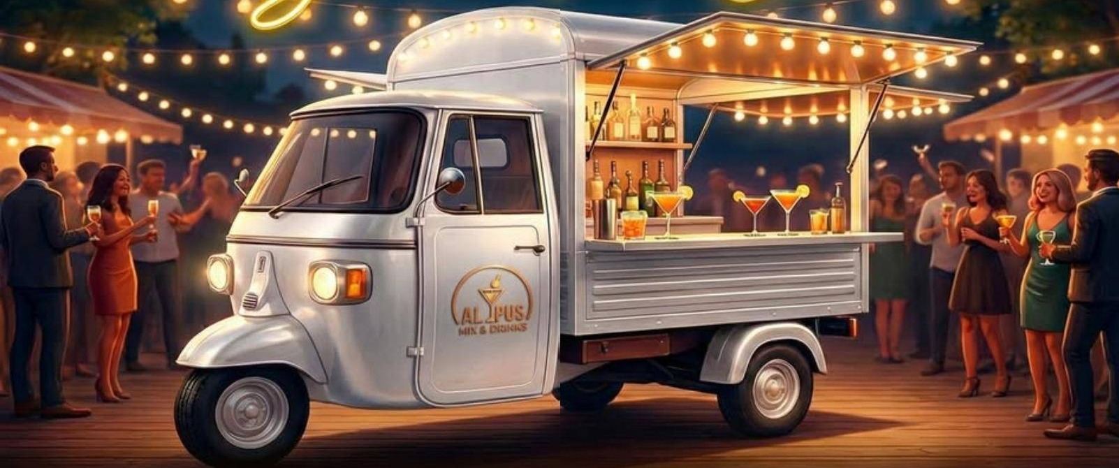La barra rodante de ALYPUS iluminada con foquitos y sirviendo cocteles en una fiesta de noche